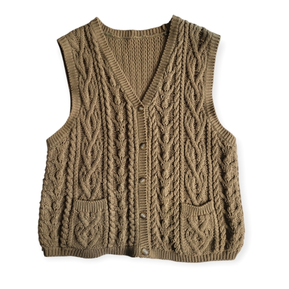 NWT Vintage Hand Knit Cable Knit Button Front Vest In Tan Medium - Large